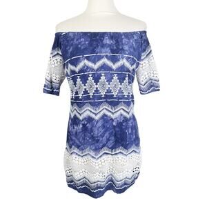 La Blanca Blue White Tie Dye Embroidered Crochet Lace Mini Dress/Swim Cover Up S